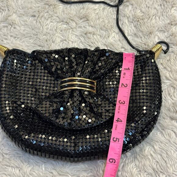 Vintage 80s Glam Black Metal Mesh Bow Purse Shoulder Handbag Chainmaille Gold - Picture 6 of 9